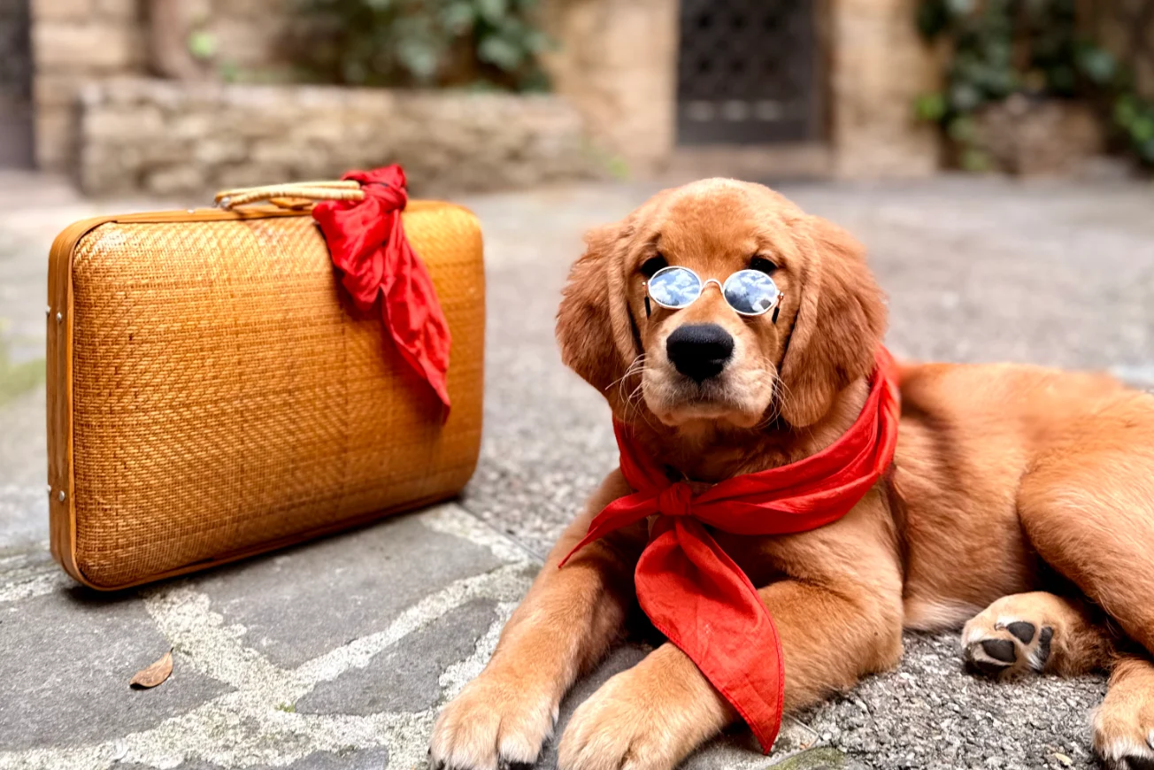 Golden retriever puppy wearing round sunglasses and a red scarf lies on a stone path next to a tan suitcase with a red scarf tied to the handle