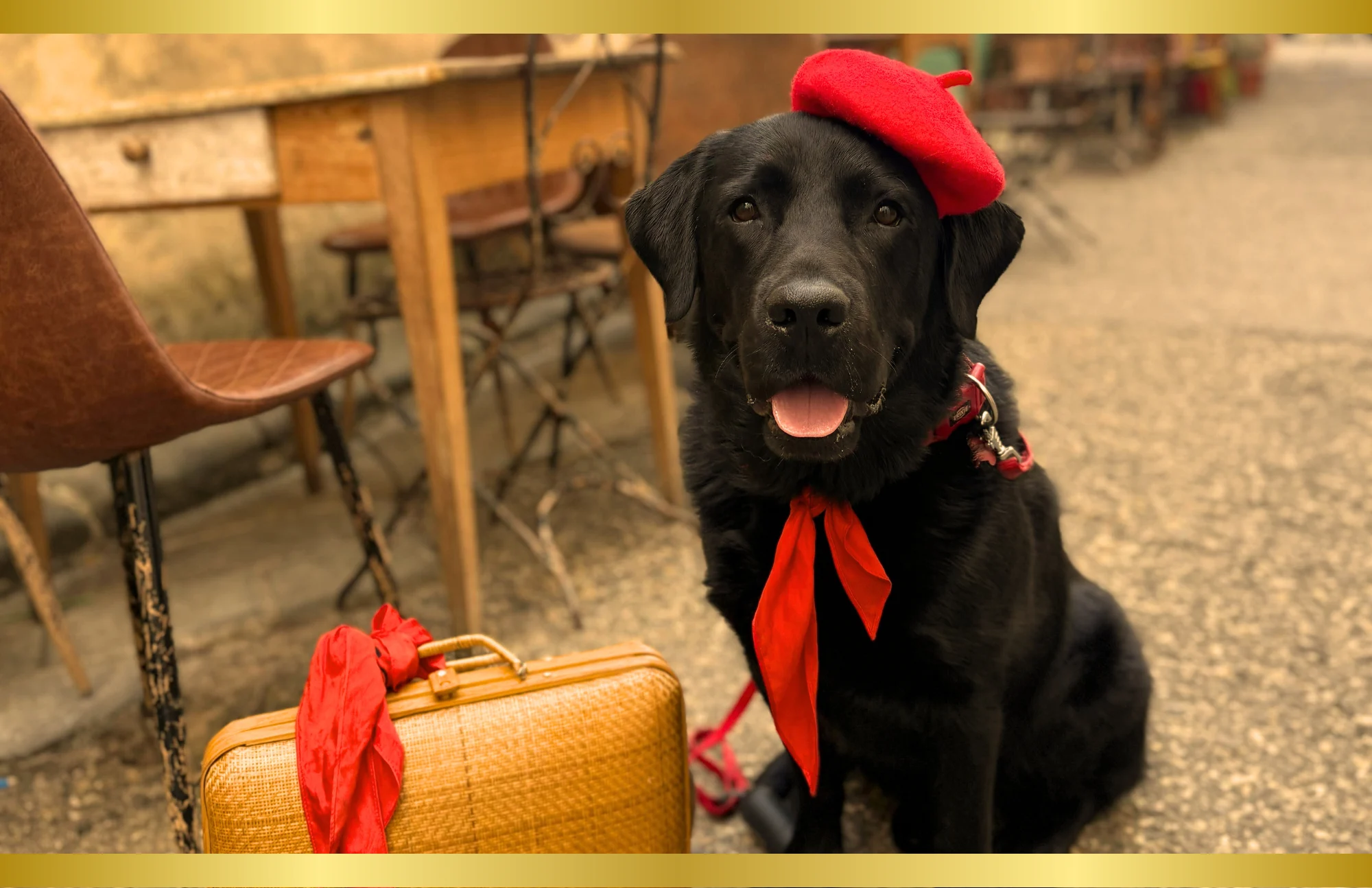 Black Labrador wearing a red beret and red neckerchief, sitting next to a vintage suitcase at an outdoor cafe.