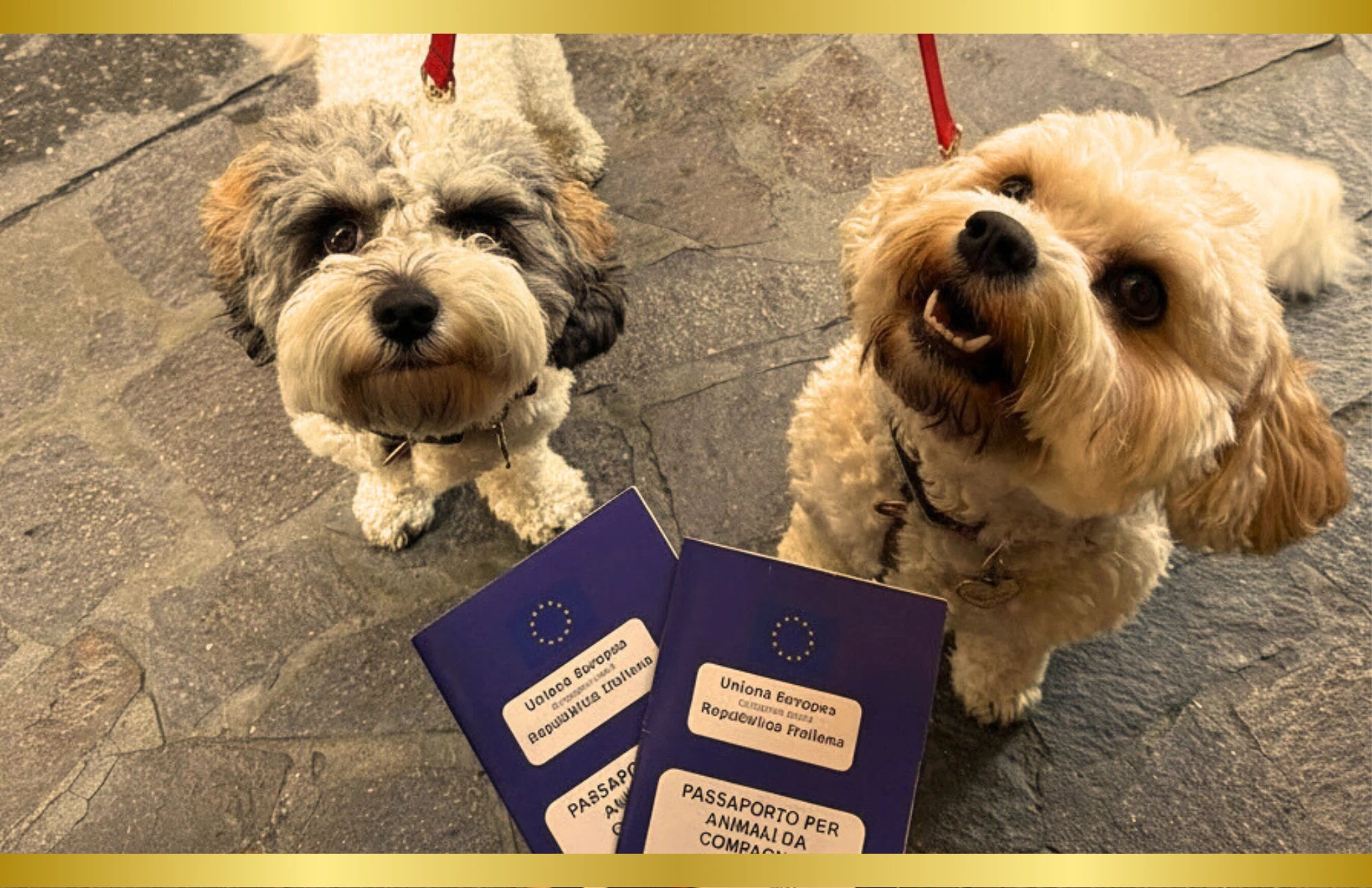 pet-passport-services Two small dogs on leads beside two EU pet passports on a stone pavement.
